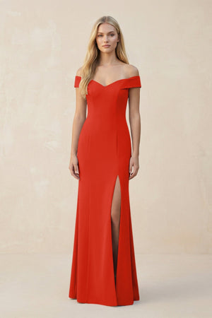 Off - the - Shoulder Sheath Matte Satin Bridesmaid Dress in Cinnamon - KISS BRIDAL Bridesmaid Dresses
