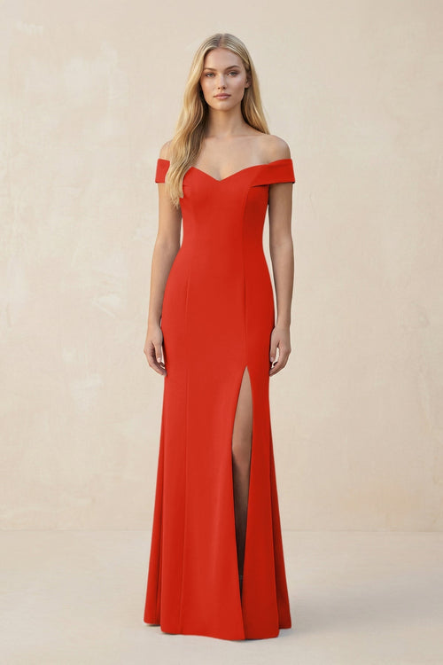 Off - the - Shoulder Sheath Matte Satin Bridesmaid Dress in Cinnamon - KISS BRIDAL Bridesmaid Dresses