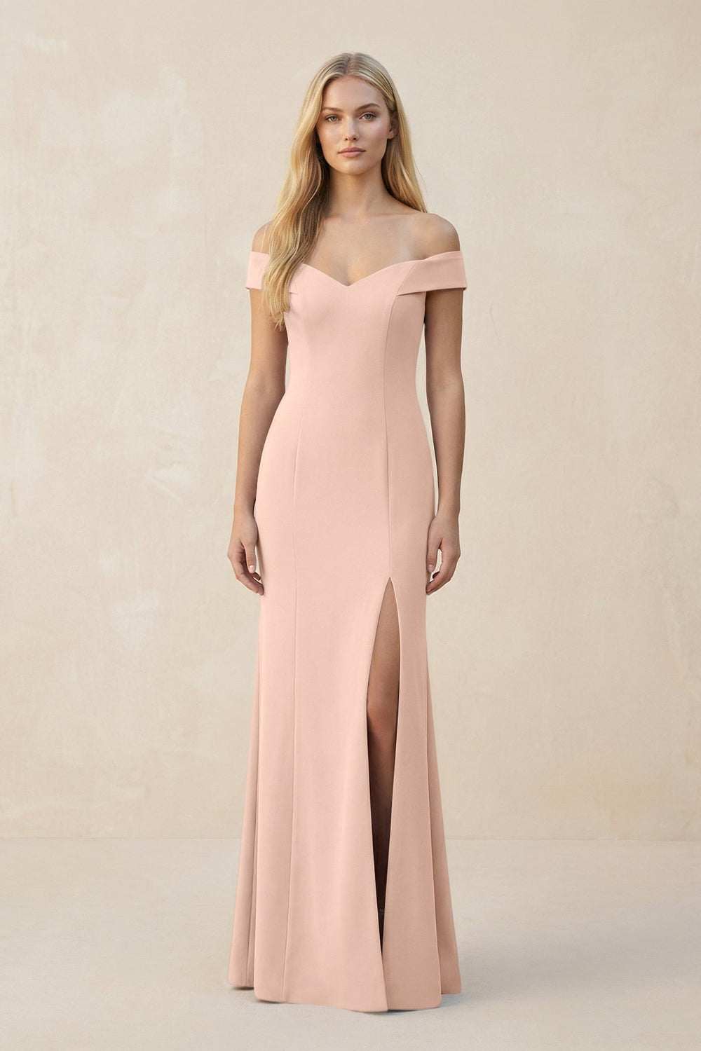 Off-the-Shoulder Sheath Matte Satin Bridesmaid Dress in Coral Pink