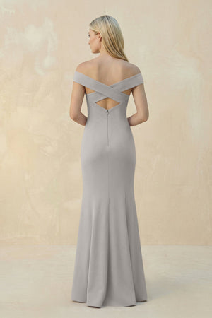 Off - the - Shoulder Sheath Matte Satin Bridesmaid Dress in Dove Gray - KISS BRIDAL Bridesmaid Dresses