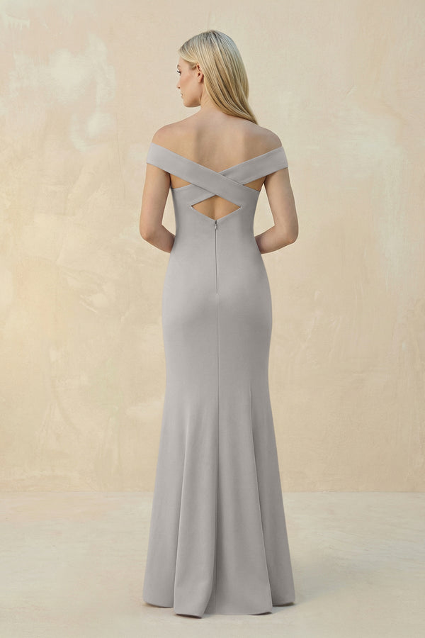Off - the - Shoulder Sheath Matte Satin Bridesmaid Dress in Dove Gray - KISS BRIDAL Bridesmaid Dresses