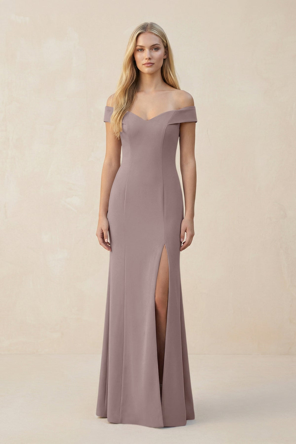 Off-the-Shoulder Sheath Matte Satin Bridesmaid Dress in Dusk