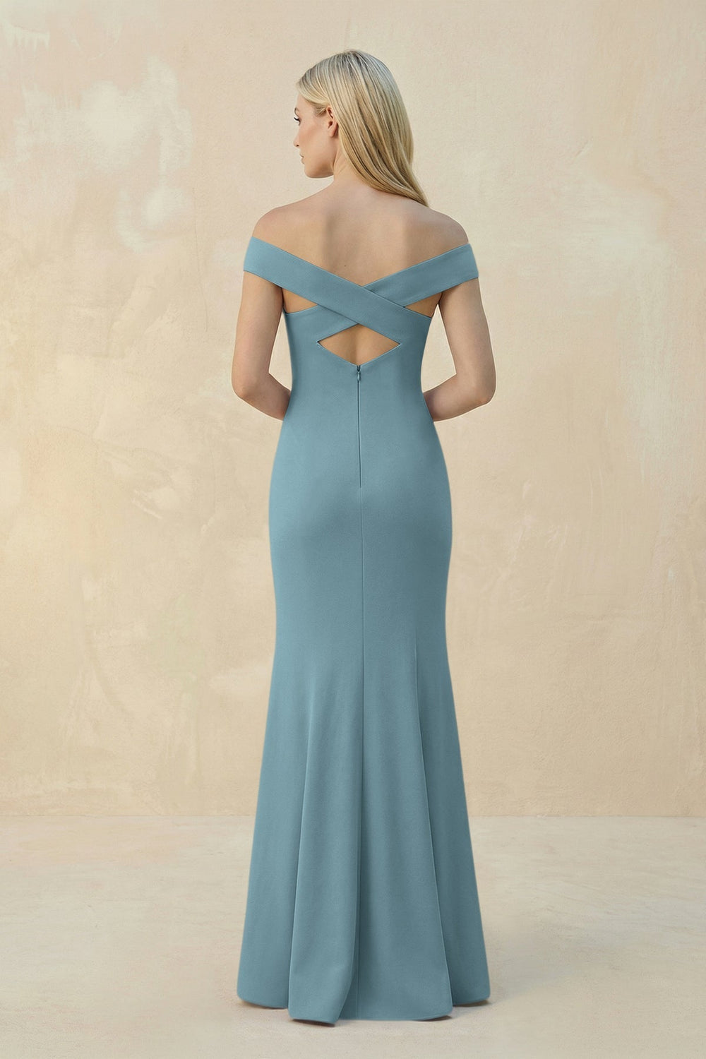 Off-the-Shoulder Sheath Matte Satin Bridesmaid Dress in Dusty Blue