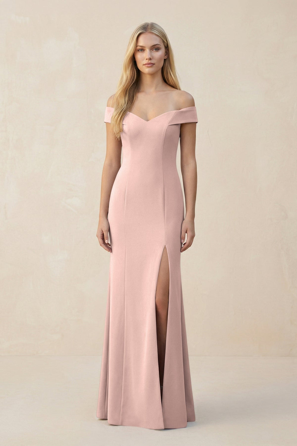 Off-the-Shoulder Sheath Matte Satin Bridesmaid Dress in Dusty Rose
