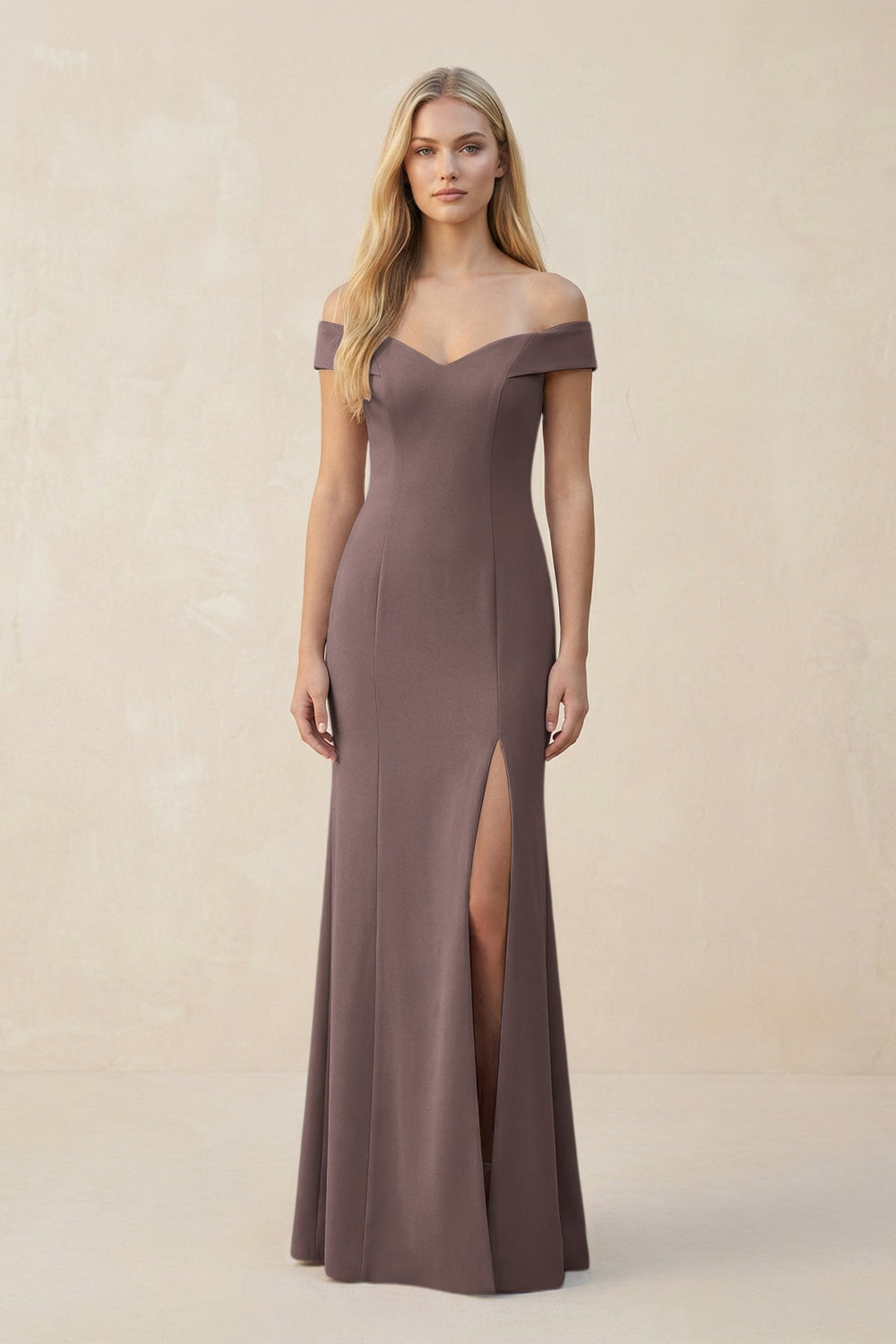 Off-the-Shoulder Sheath Matte Satin Bridesmaid Dress in Espresso
