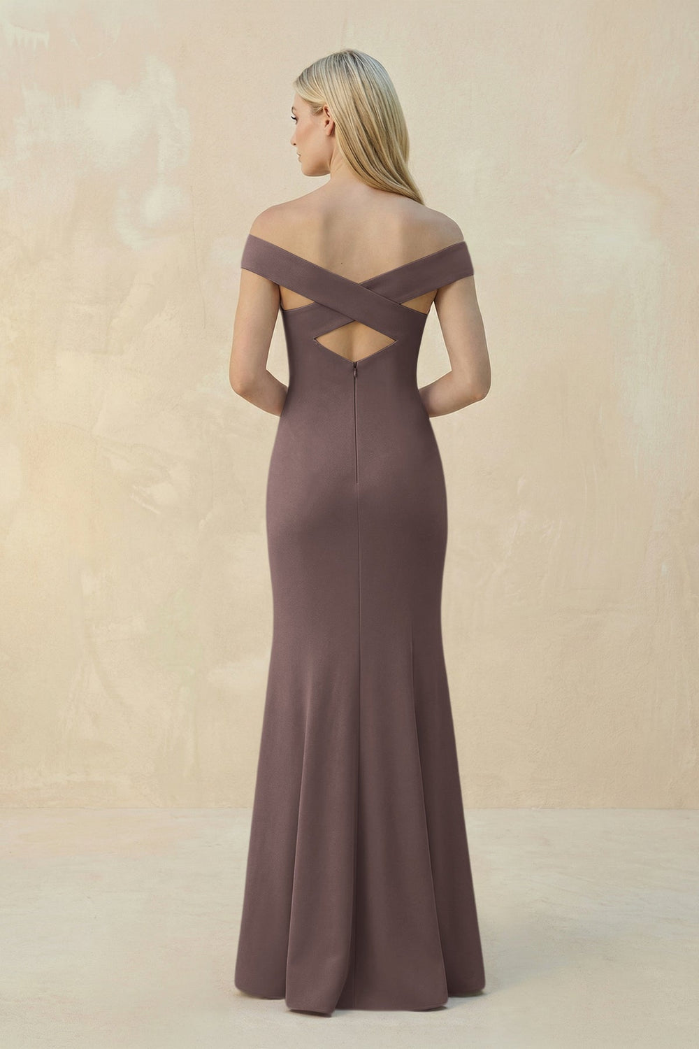Off-the-Shoulder Sheath Matte Satin Bridesmaid Dress in Espresso