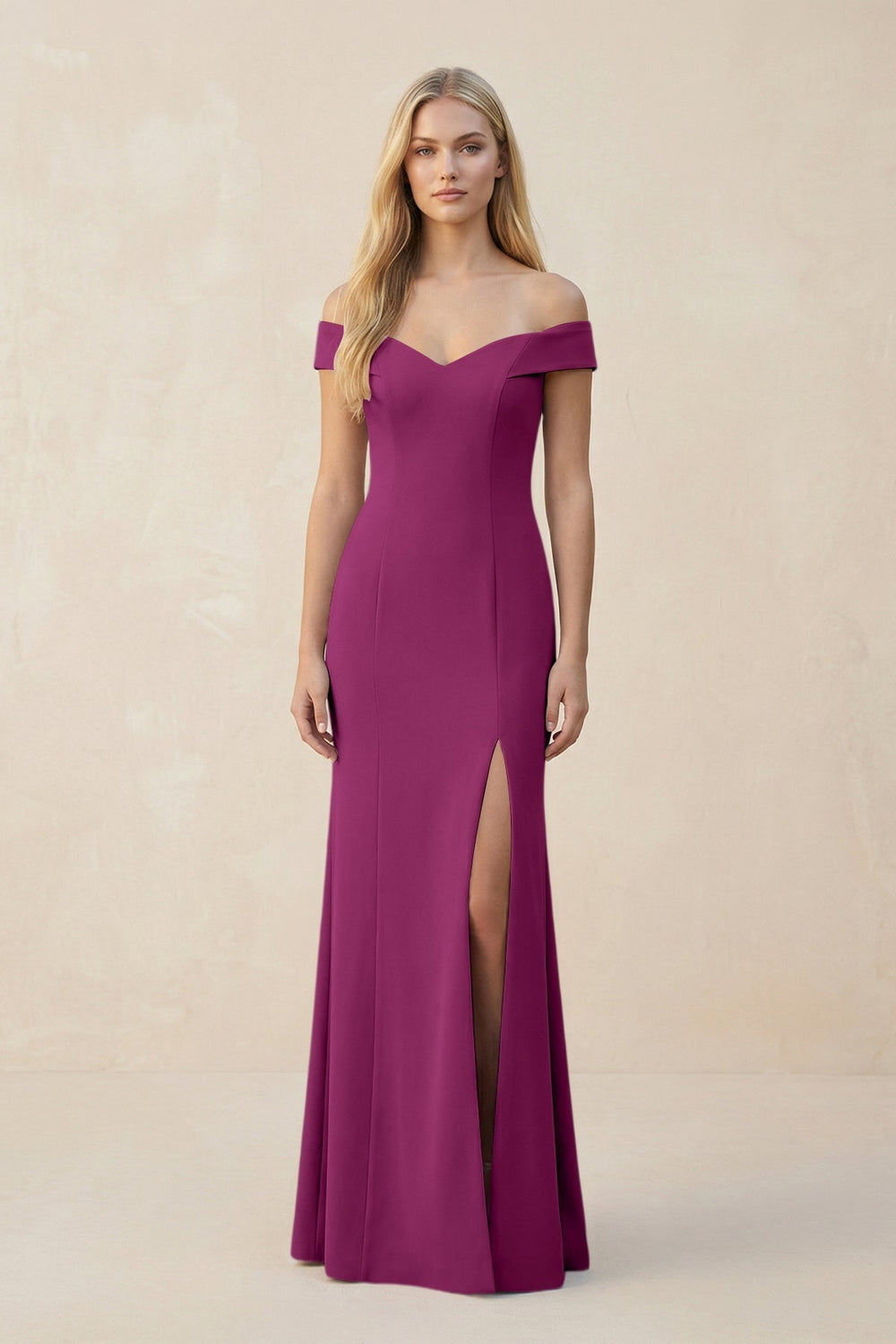Off-the-Shoulder Sheath Matte Satin Bridesmaid Dress in Fig