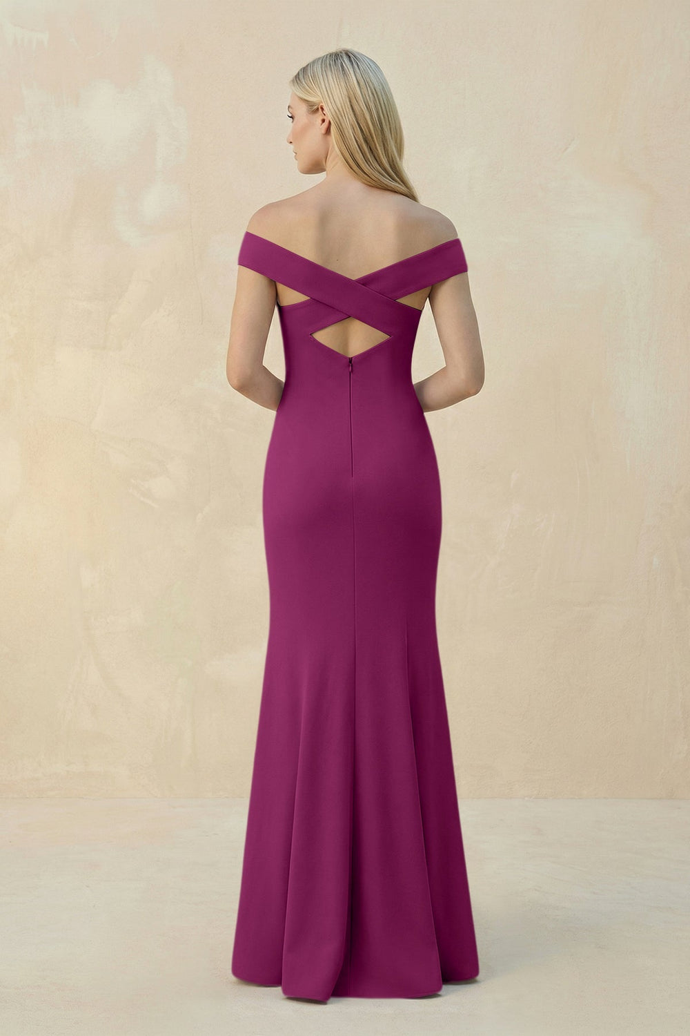 Off-the-Shoulder Sheath Matte Satin Bridesmaid Dress in Fig