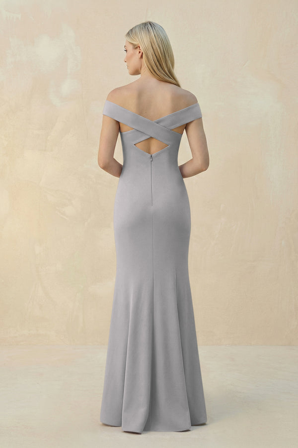 Off - the - Shoulder Sheath Matte Satin Bridesmaid Dress in Frost - KISS BRIDAL Bridesmaid Dresses