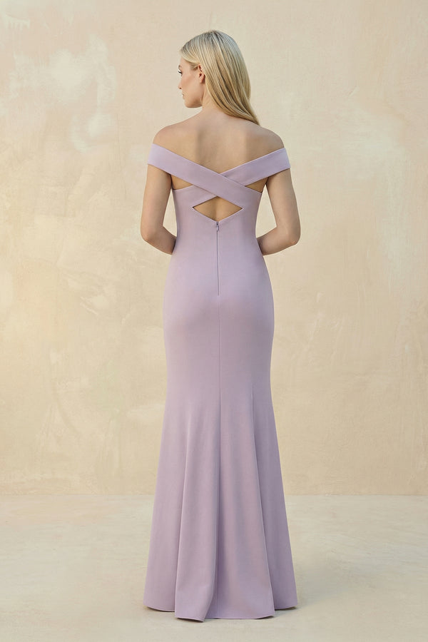 Off - the - Shoulder Sheath Matte Satin Bridesmaid Dress in Lavender Grey - KISS BRIDAL Bridesmaid Dresses