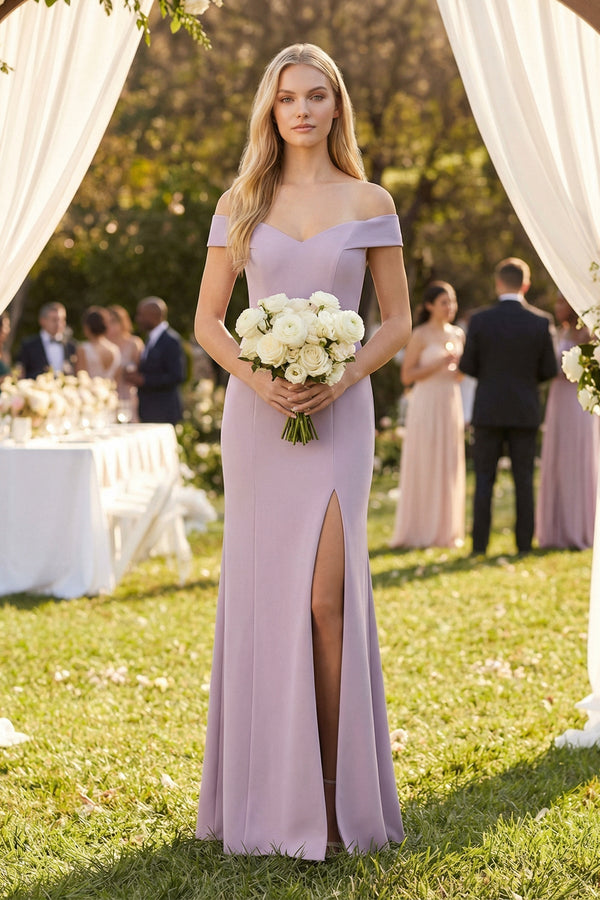 Off - the - Shoulder Sheath Matte Satin Bridesmaid Dress in Lavender Grey - KISS BRIDAL Bridesmaid Dresses