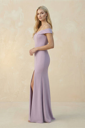 Off - the - Shoulder Sheath Matte Satin Bridesmaid Dress in Lavender Grey - KISS BRIDAL Bridesmaid Dresses