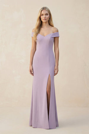 Off - the - Shoulder Sheath Matte Satin Bridesmaid Dress in Lavender Grey - KISS BRIDAL Bridesmaid Dresses