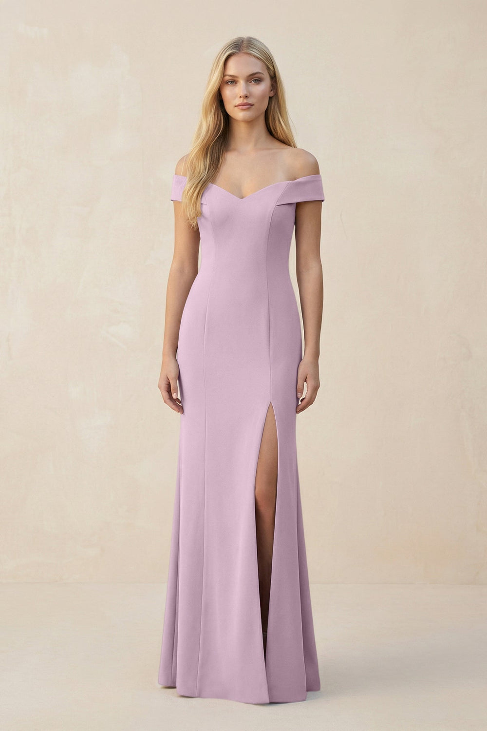 Off-the-Shoulder Sheath Matte Satin Bridesmaid Dress in Lilac