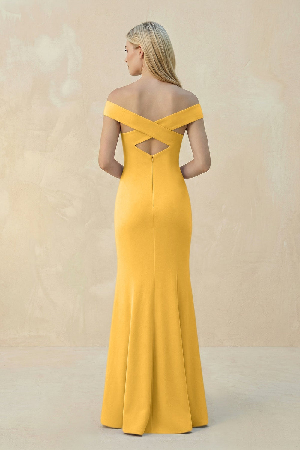 Off-the-Shoulder Sheath Matte Satin Bridesmaid Dress in Marigold