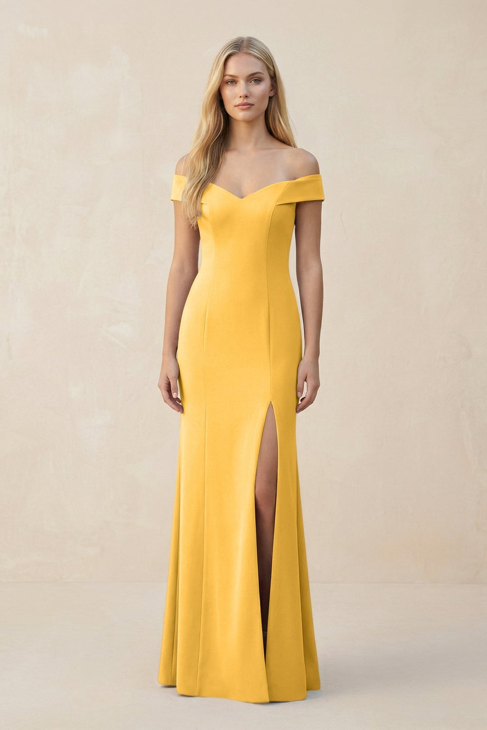 Off-the-Shoulder Sheath Matte Satin Bridesmaid Dress in Marigold