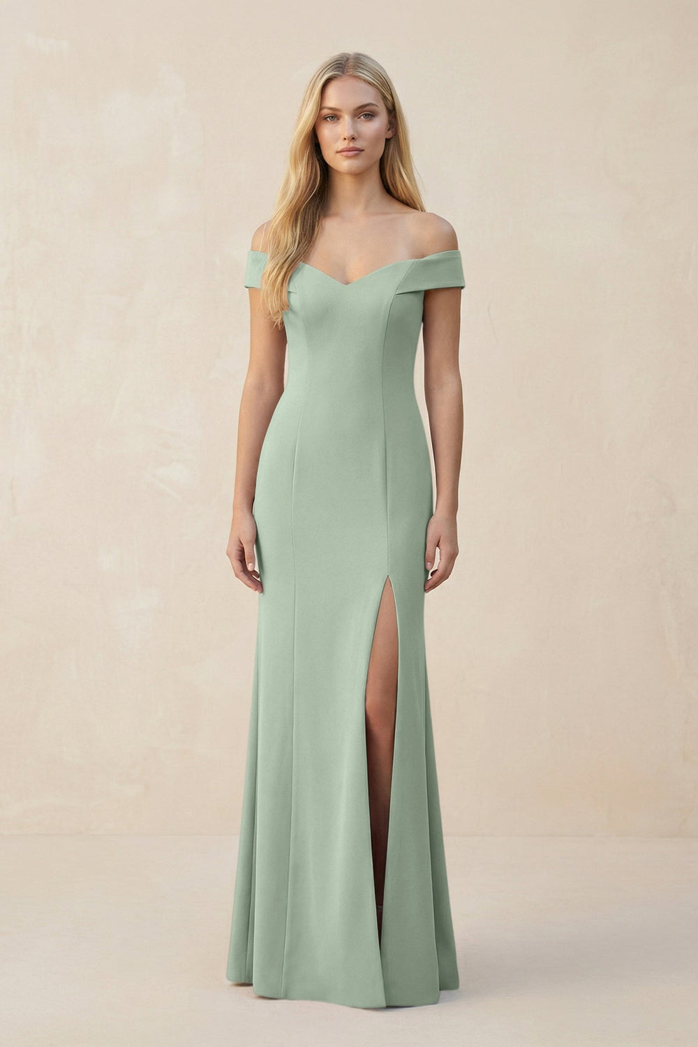 Off-the-Shoulder Sheath Matte Satin Bridesmaid Dress in Matcha