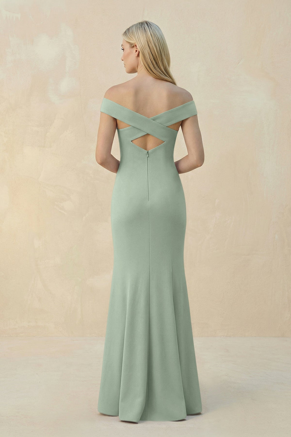 Off-the-Shoulder Sheath Matte Satin Bridesmaid Dress in Matcha