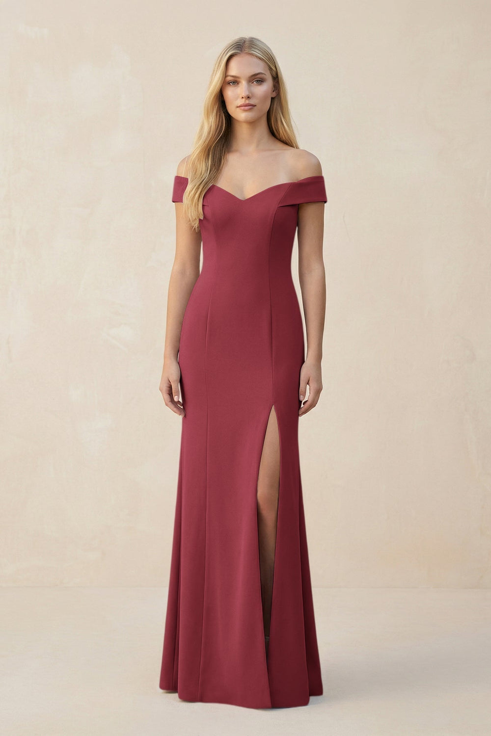 Off-the-Shoulder Sheath Matte Satin Bridesmaid Dress in Merlot