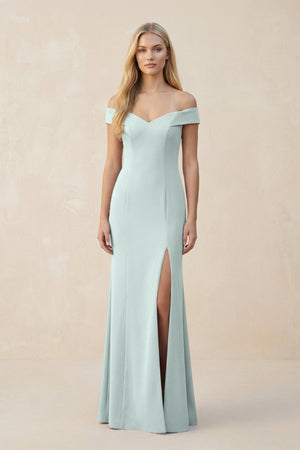 Off - the - Shoulder Sheath Matte Satin Bridesmaid Dress in Mist - KISS BRIDAL Bridesmaid Dresses