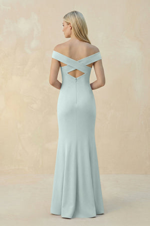 Off - the - Shoulder Sheath Matte Satin Bridesmaid Dress in Mist - KISS BRIDAL Bridesmaid Dresses