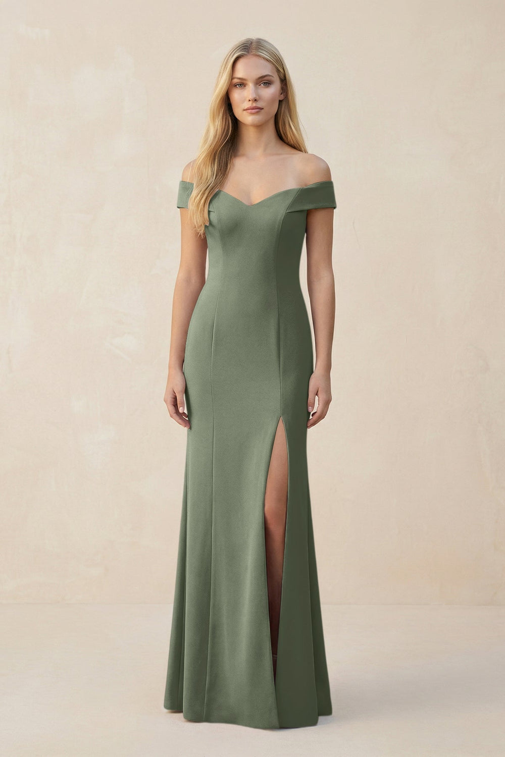 Off-the-Shoulder Sheath Matte Satin Bridesmaid Dress in Moss Green