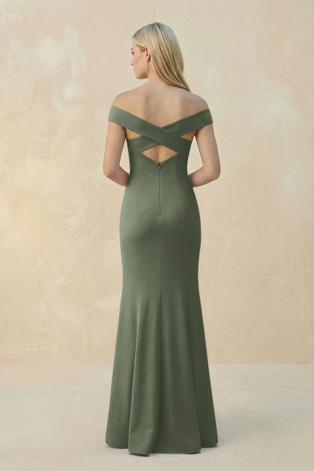 Off-the-Shoulder Sheath Matte Satin Bridesmaid Dress in Moss Green