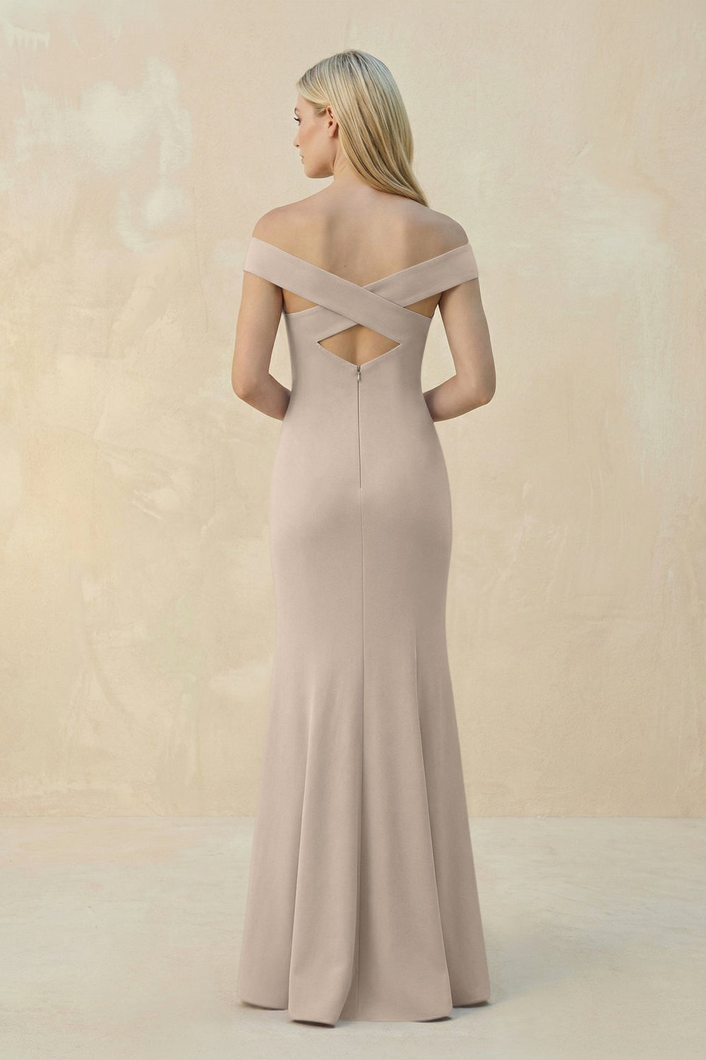 Off-the-Shoulder Sheath Matte Satin Bridesmaid Dress in Neutral Champagne