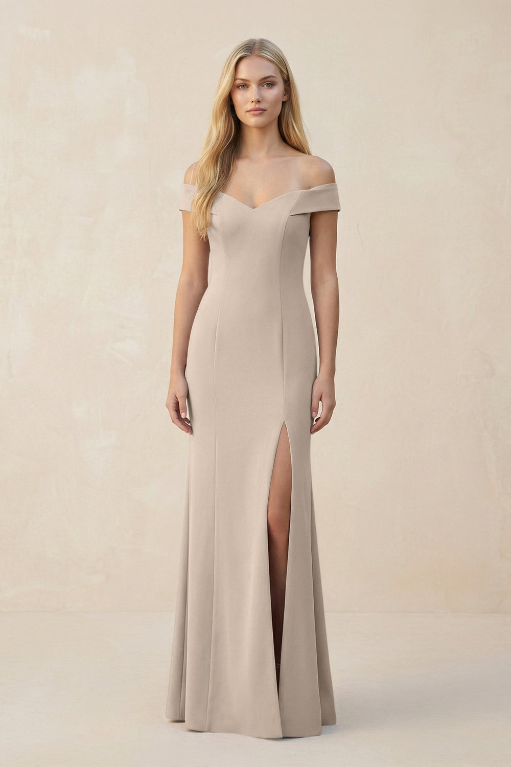 Off-the-Shoulder Sheath Matte Satin Bridesmaid Dress in Neutral Champagne