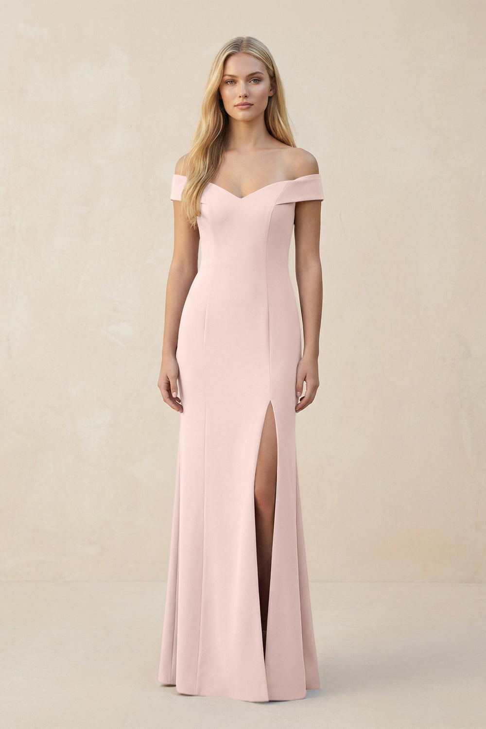 Off-the-Shoulder Sheath Matte Satin Bridesmaid Dress in Pale Blush