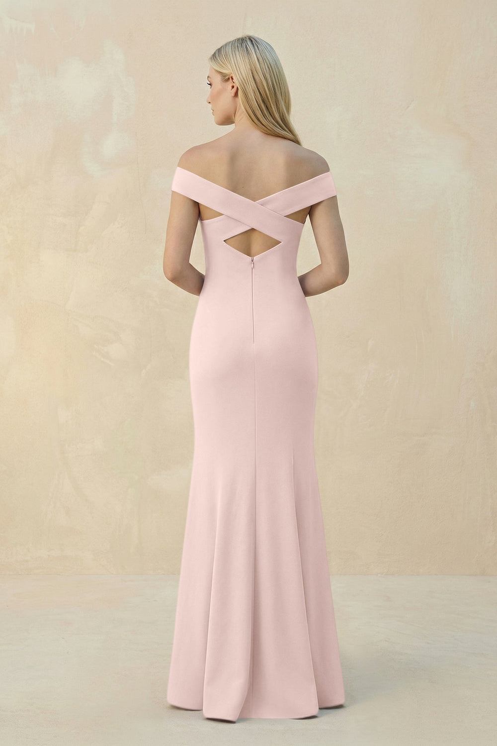 Off-the-Shoulder Sheath Matte Satin Bridesmaid Dress in Pale Blush