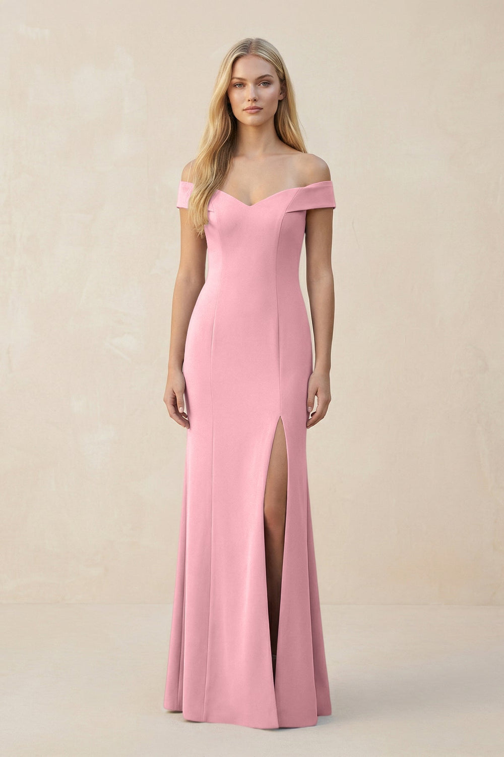 Off-the-Shoulder Sheath Matte Satin Bridesmaid Dress in Rosette