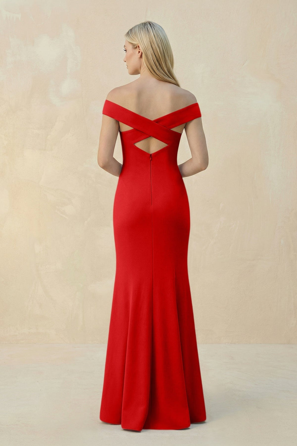 Off-the-Shoulder Sheath Matte Satin Bridesmaid Dress in Ruby Red
