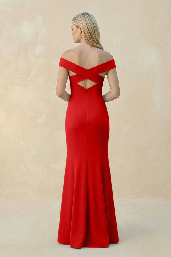 Off - the - Shoulder Sheath Matte Satin Bridesmaid Dress in Ruby Red - KISS BRIDAL Bridesmaid Dresses