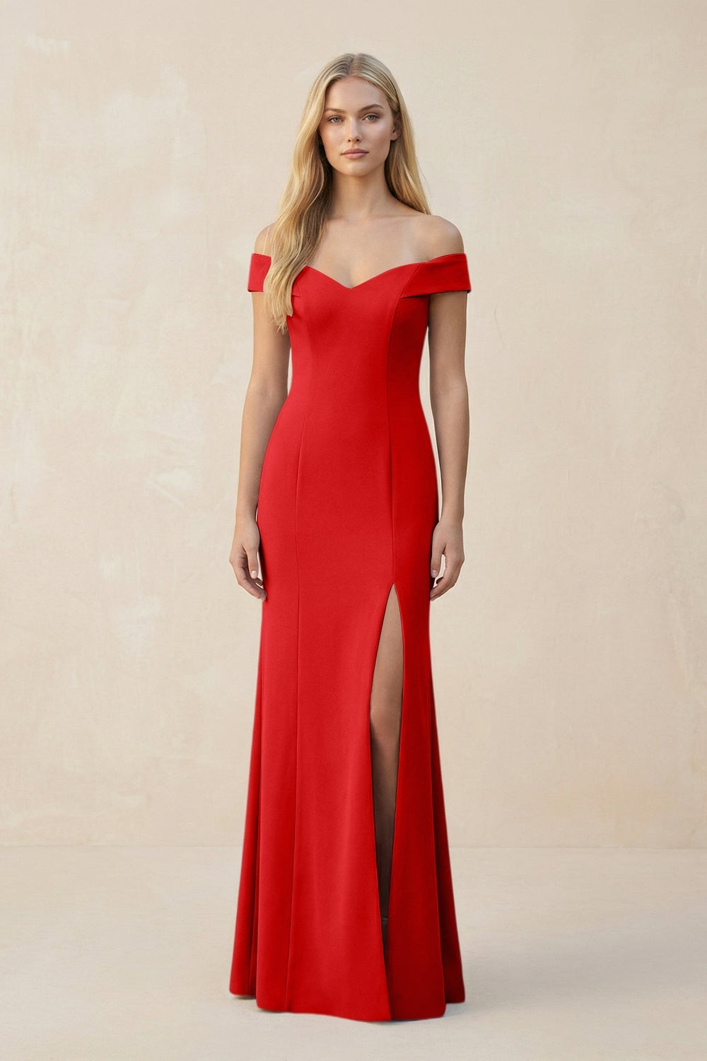 Off-the-Shoulder Sheath Matte Satin Bridesmaid Dress in Ruby Red