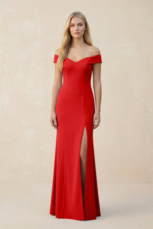 Off - the - Shoulder Sheath Matte Satin Bridesmaid Dress in Ruby Red - KISS BRIDAL Bridesmaid Dresses