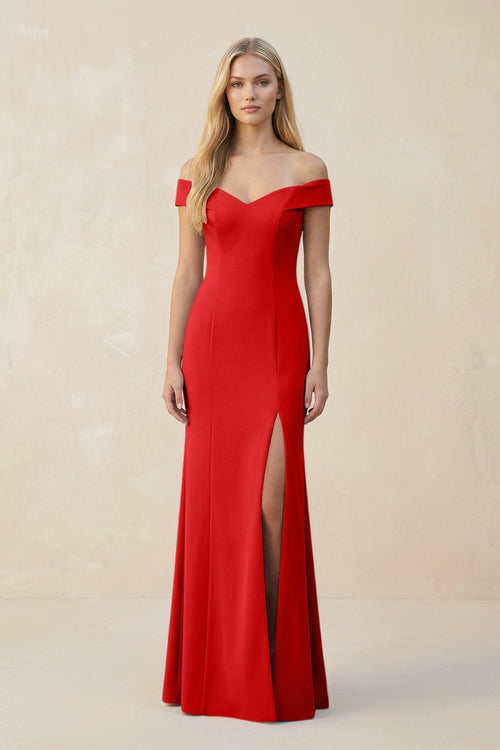 Off - the - Shoulder Sheath Matte Satin Bridesmaid Dress in Ruby Red - KISS BRIDAL Bridesmaid Dresses