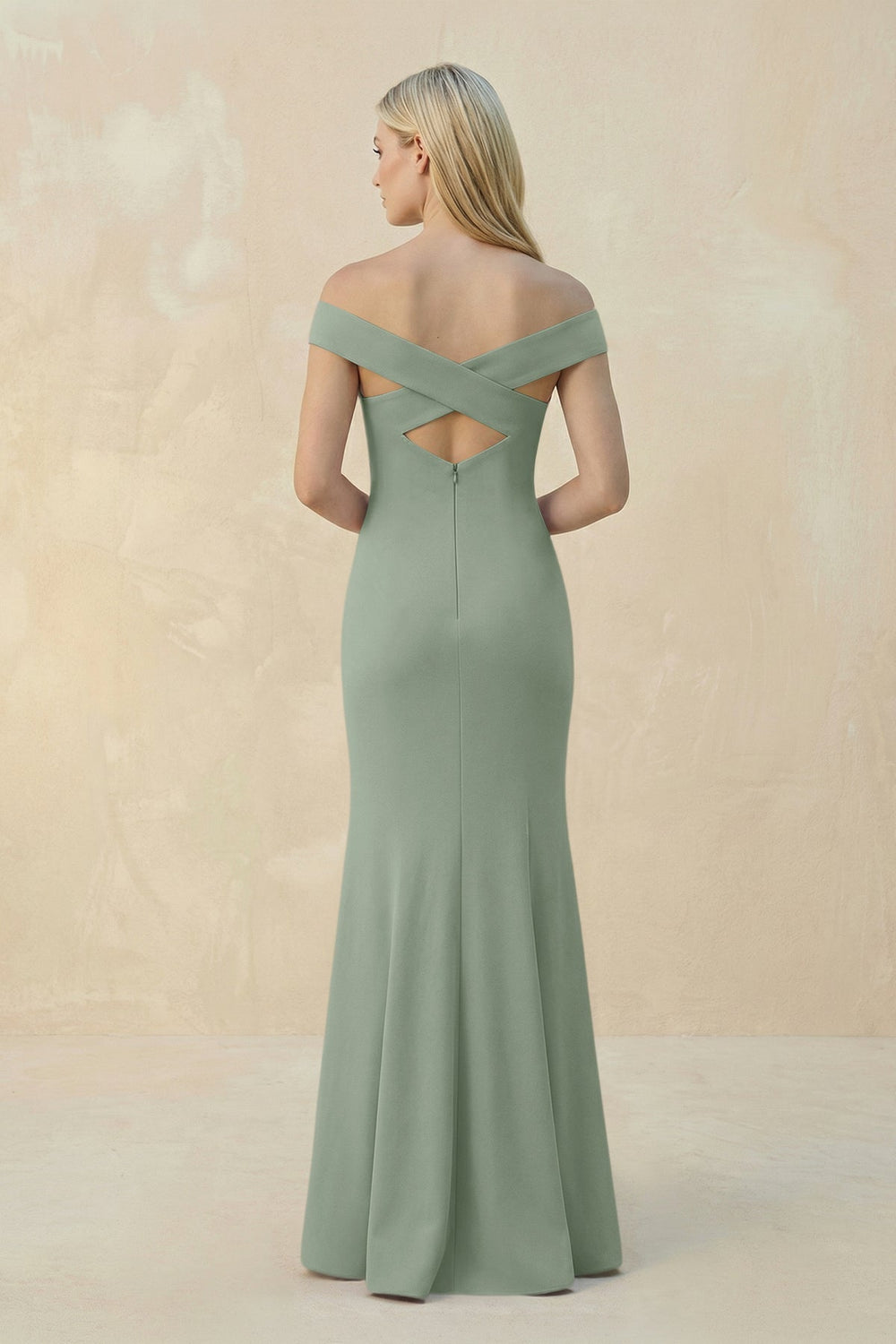 Off-the-Shoulder Sheath Matte Satin Bridesmaid Dress in Sage