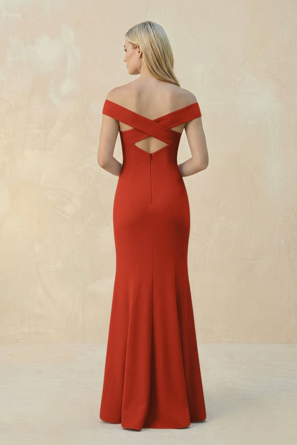 Off-the-Shoulder Sheath Matte Satin Bridesmaid Dress in Spice