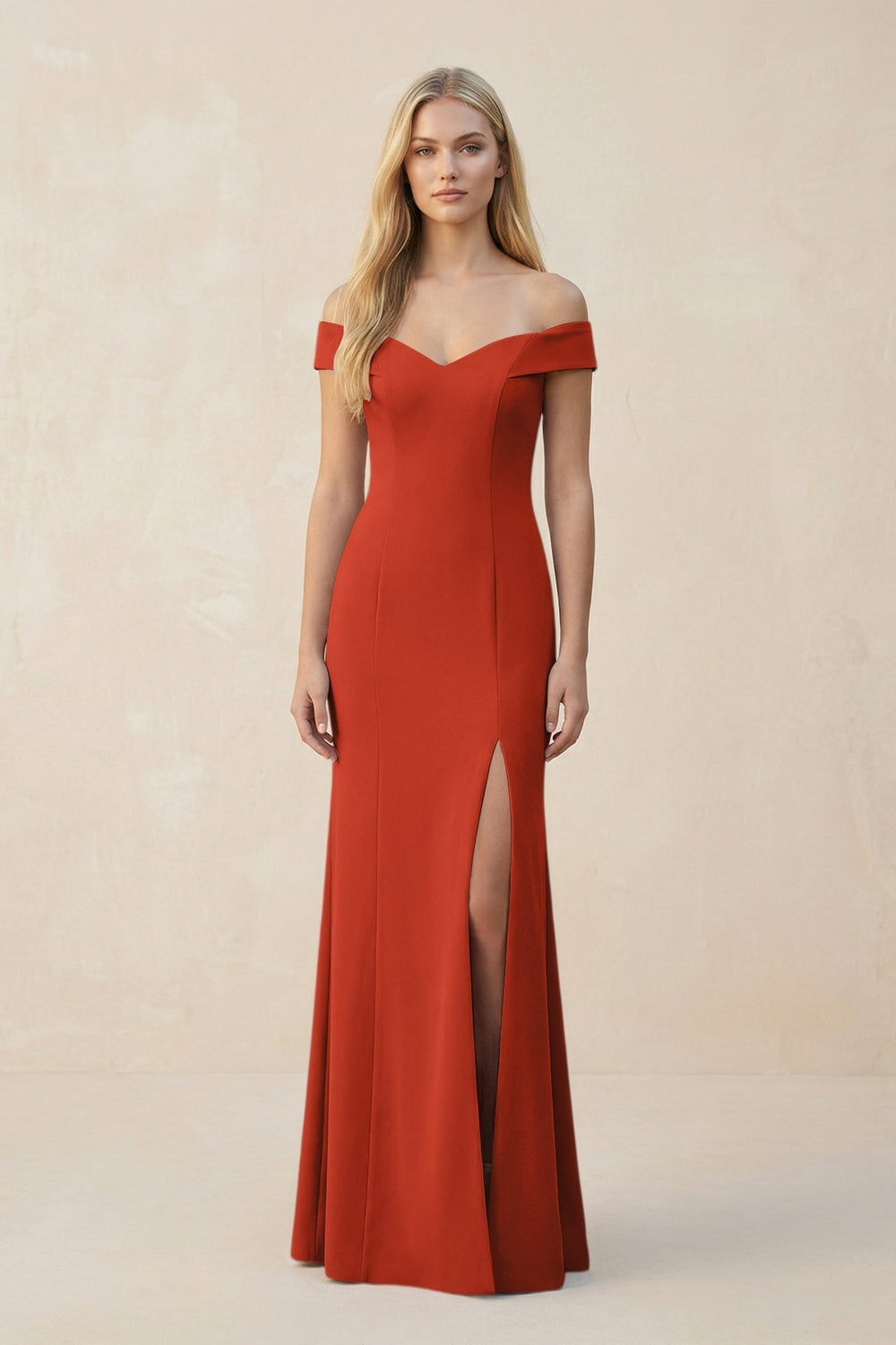Off-the-Shoulder Sheath Matte Satin Bridesmaid Dress in Spice