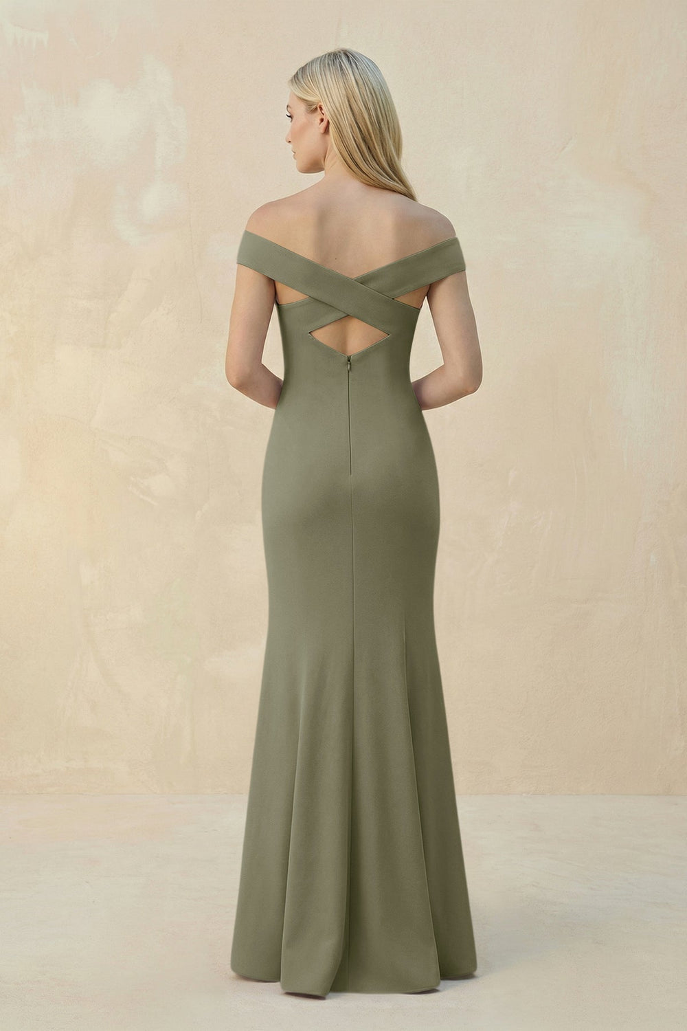 Off-the-Shoulder Sheath Matte Satin Bridesmaid Dress in Thyme