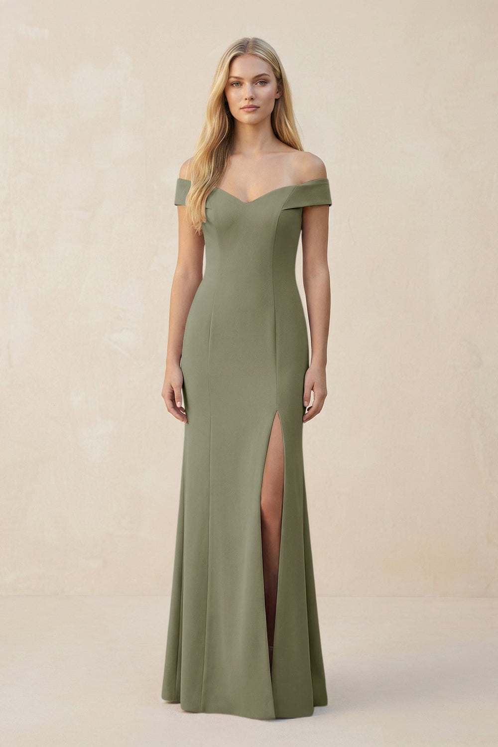 Off-the-Shoulder Sheath Matte Satin Bridesmaid Dress in Thyme