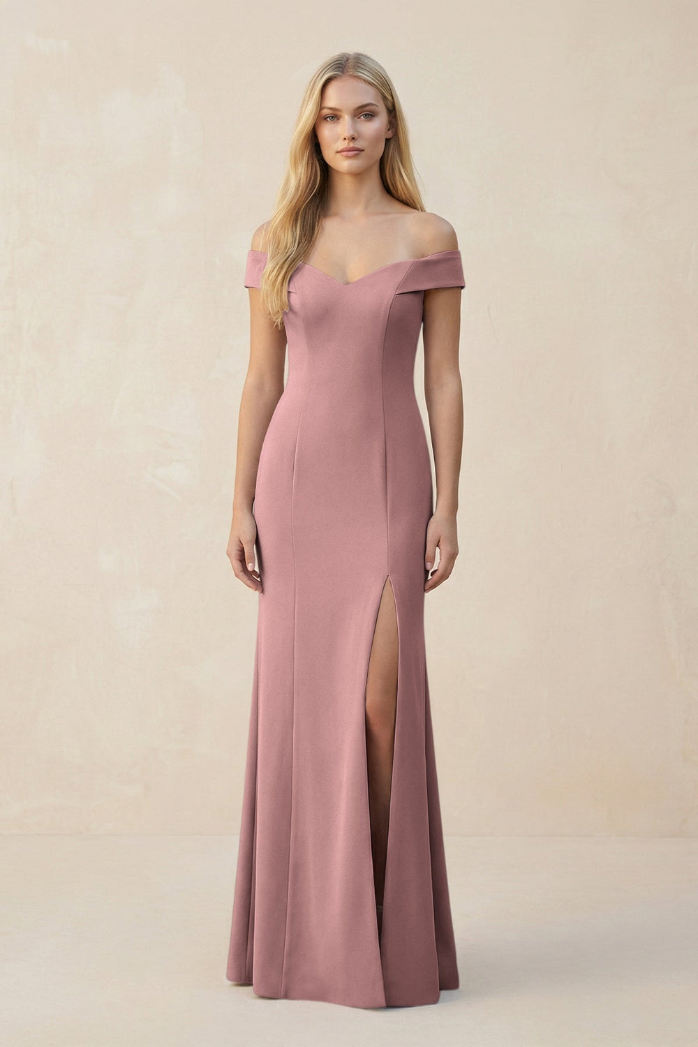 Off-the-Shoulder Sheath Matte Satin Bridesmaid Dress in Toffee