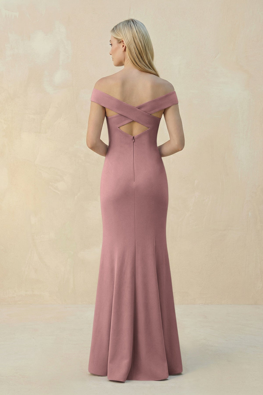 Off-the-Shoulder Sheath Matte Satin Bridesmaid Dress in Toffee