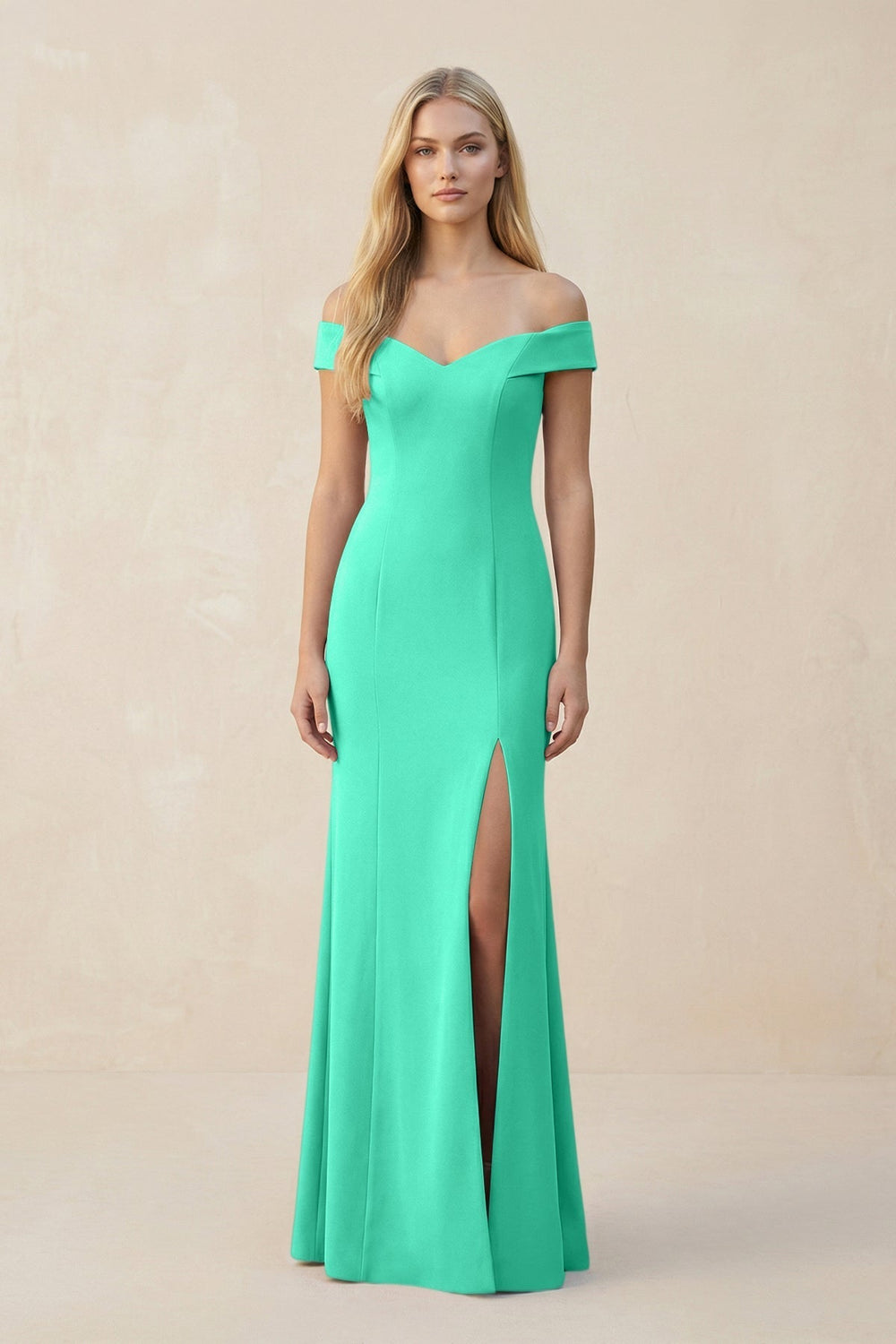 Off-the-Shoulder Sheath Matte Satin Bridesmaid Dress in Turquoise