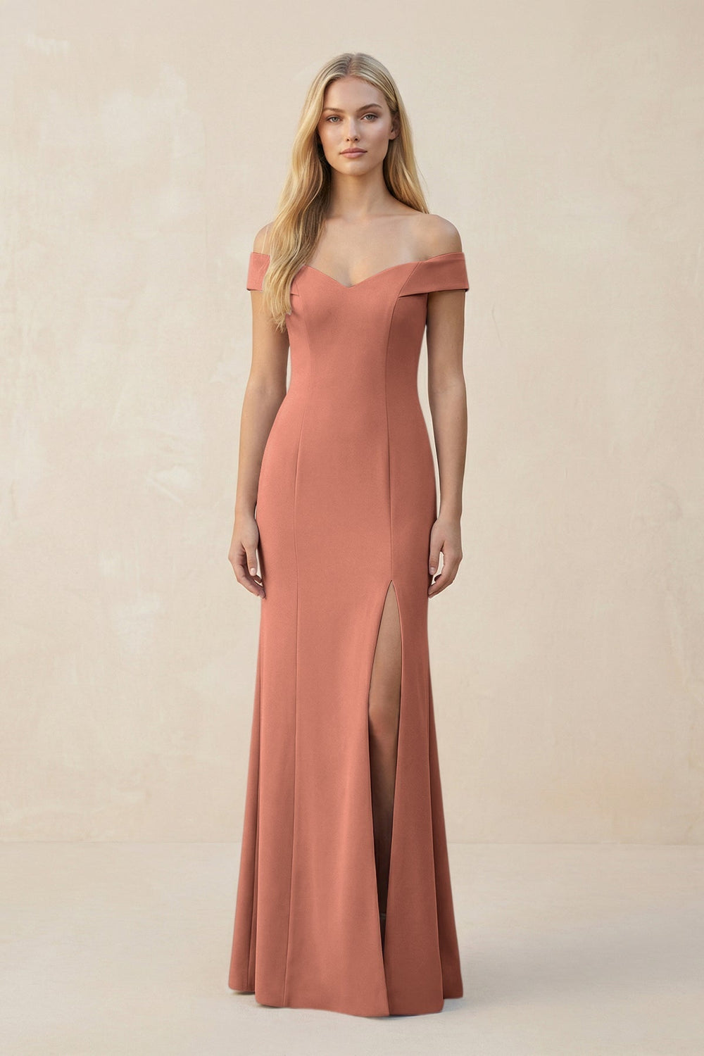 Off-the-Shoulder Sheath Matte Satin Bridesmaid Dress in Wild Rose