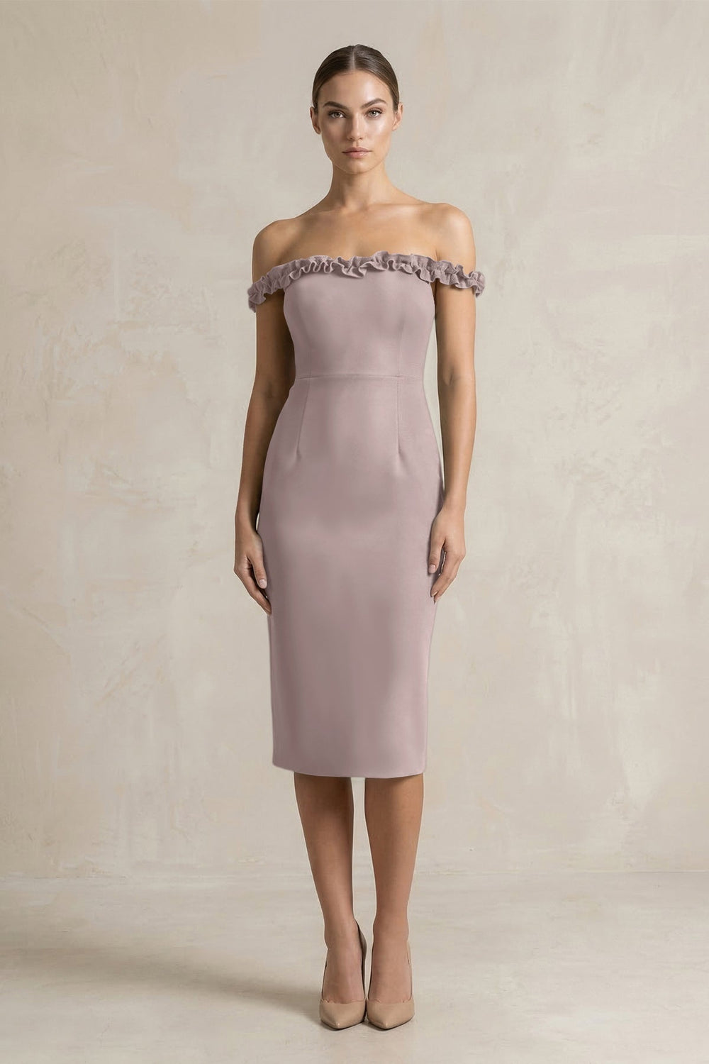 Off-the-Shoulder Sheath Ruffled Midi Bridesmaid Dress in Almond