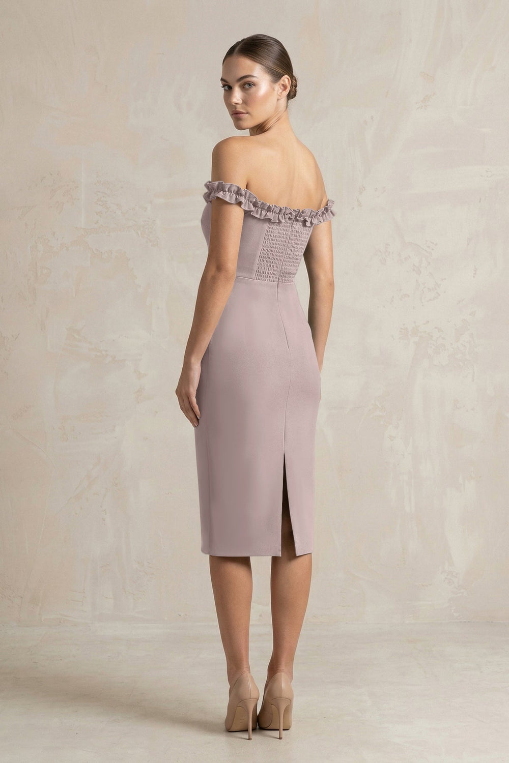 Off-the-Shoulder Sheath Ruffled Midi Bridesmaid Dress in Almond