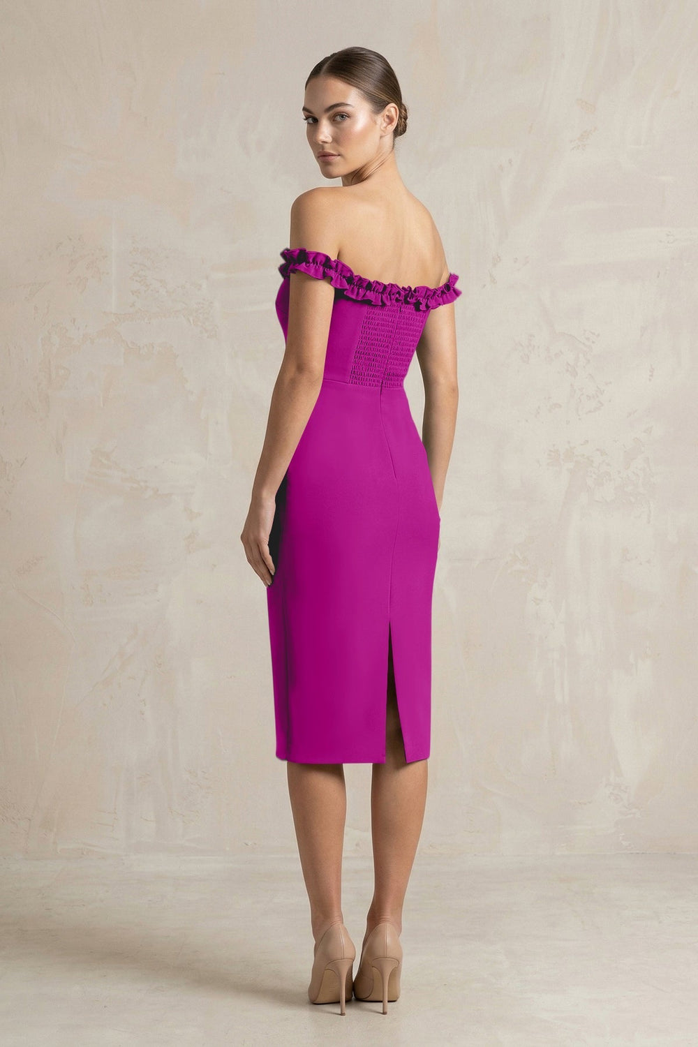 Off-the-Shoulder Sheath Ruffled Midi Bridesmaid Dress in Amethyst
