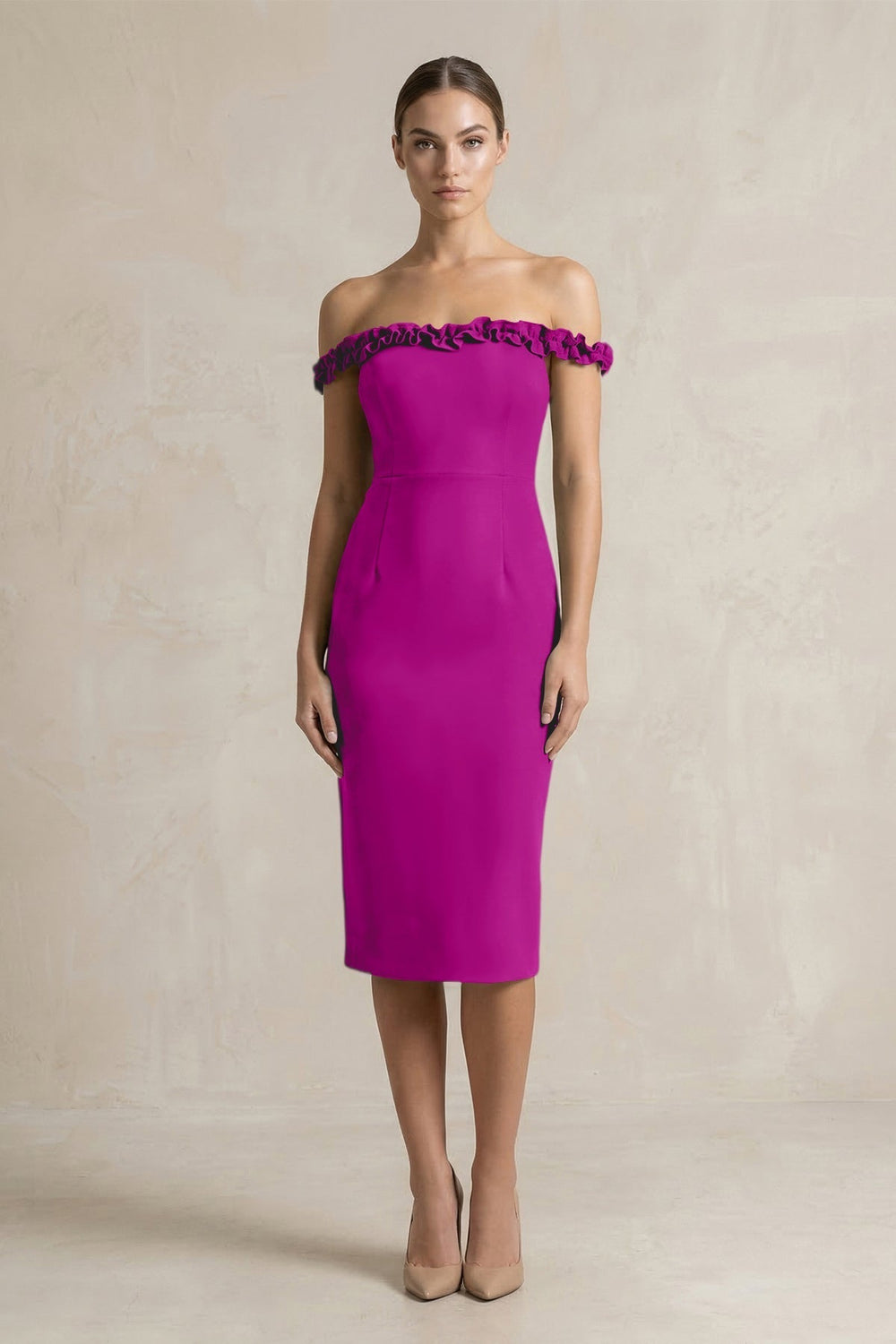 Off-the-Shoulder Sheath Ruffled Midi Bridesmaid Dress in Amethyst